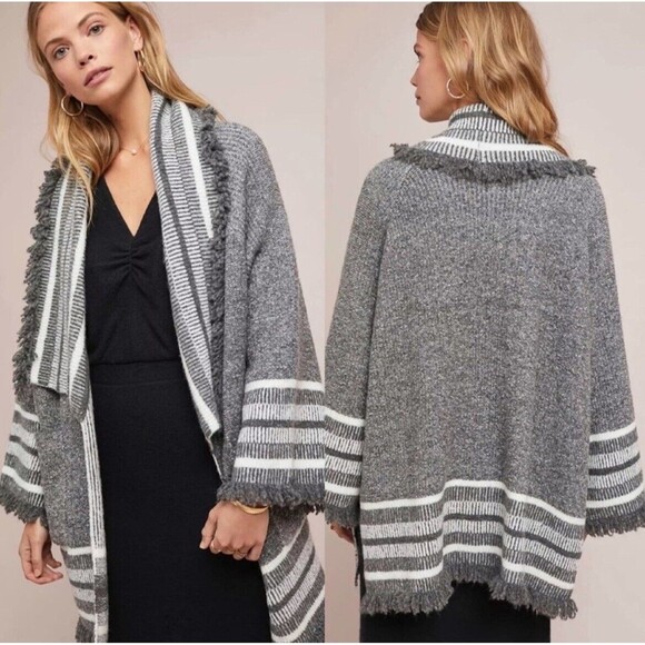 Anthropologie Saturday Sunday Cardigan Womens OS Gray Striped Fringe - Picture 1 of 9